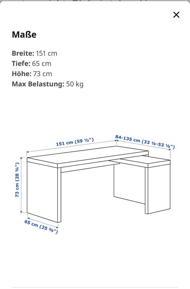 MALM Ikea Schreibtisch mit Ausziehplatte, weiß in Gundelfingen