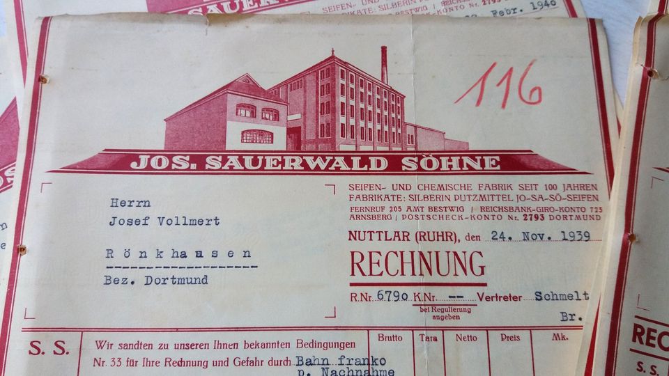 JOS. SAUERWALD SÖHNE Nuttlar 15 alte Rechnungen 1939 1940 in Olpe