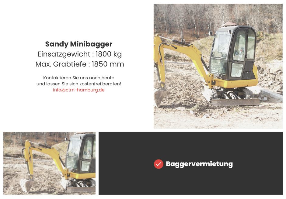 Baumaschinenvermietung | Minibagger mieten |  Bagger mieten | Estichfräse | Schleifgeräte | Bodenschleifgerät | Teppichstripper | Bodenbelagentfentferner in Hamburg