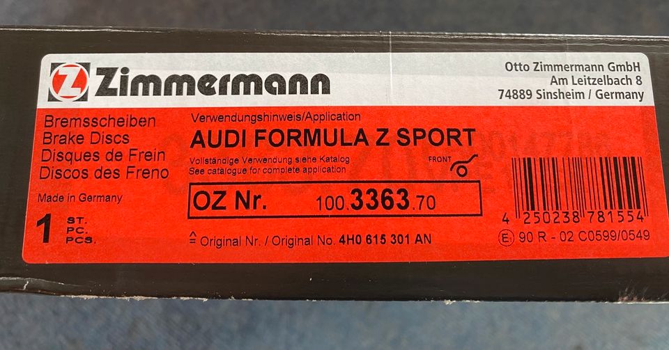 2x Zimmermann Bremsscheiben Audi FORMULA Z SPORT A8, SQ5 + Beläge in Bamberg
