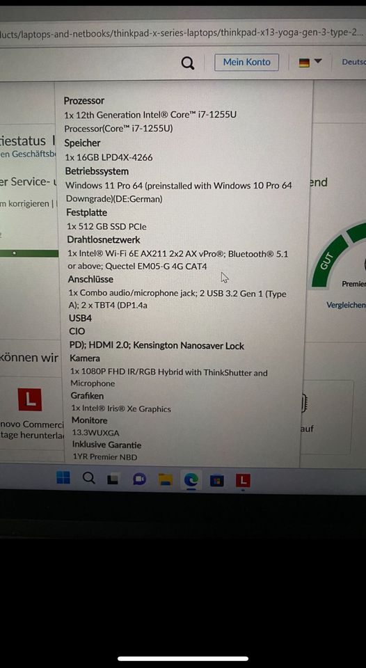 Lenovo ThinkPad Yoga X13 Gen 3 i7-1255U 512 GB SSD 16 GB RAM LTE in Oberhausen
