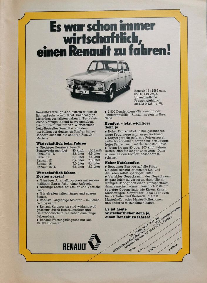 Renault 16 Reklame Werbung Berichte TS TL TA R16 in Hanau