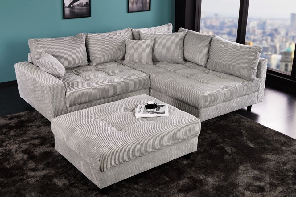 Ecksofa KENT 220cm hellgrau Cord Couch inklusive Hocker und Kissen L-Form Wohnzimmer Wohnlandschaft Sofa Federkern-Polsterung Ottomane links oder rechts montierbar Rücken echt bezogen Riess-Ambiente in Halstenbek