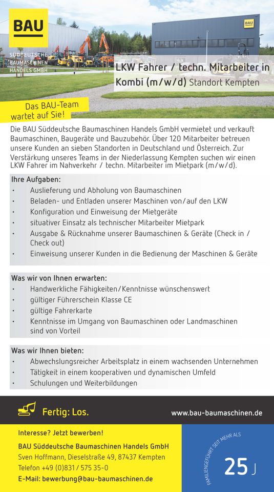 LKW Fahrer / techn. Mitarbeiter in Kombi (m/w/d) Standort Kempten in Kempten