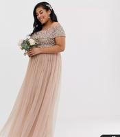 Kleid Hochzeit plus size schulterfrei pailetten Tüll taupe 46 Nordrhein-Westfalen - Enger Vorschau