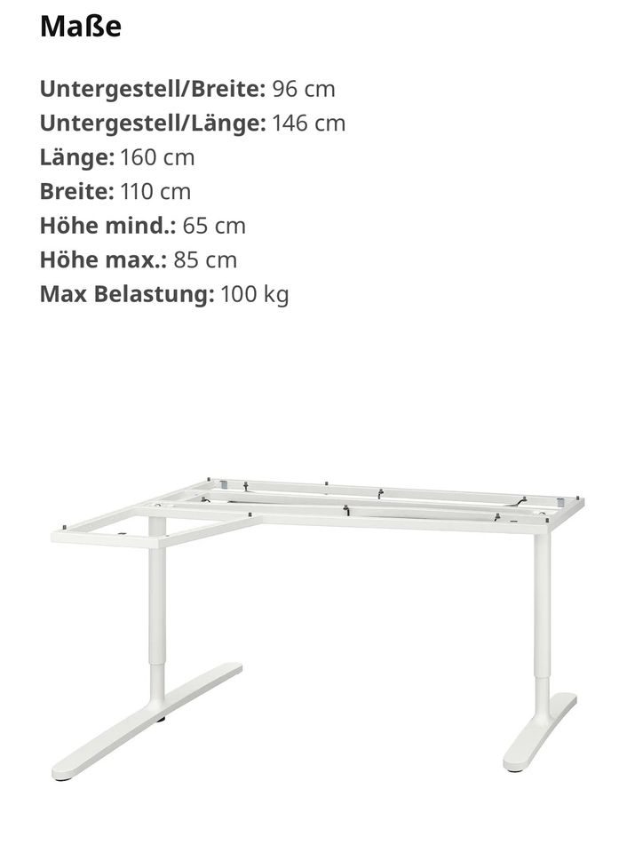 IKEA Bekant Untergest. f Eckschreibtischplatte, weiß, 160x110 cm in Ulm