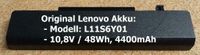 Original Lenovo Akku L11S6Y01 4400mAh 10,8 Volt 48Wh Wattstunden Bayern - Plattling Vorschau