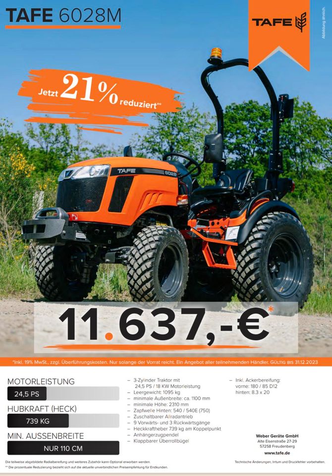 ⭐AKTION!  TAFE  Allrad Traktor mit 25Ps in Kubota Orange ⭐ in Tännesberg