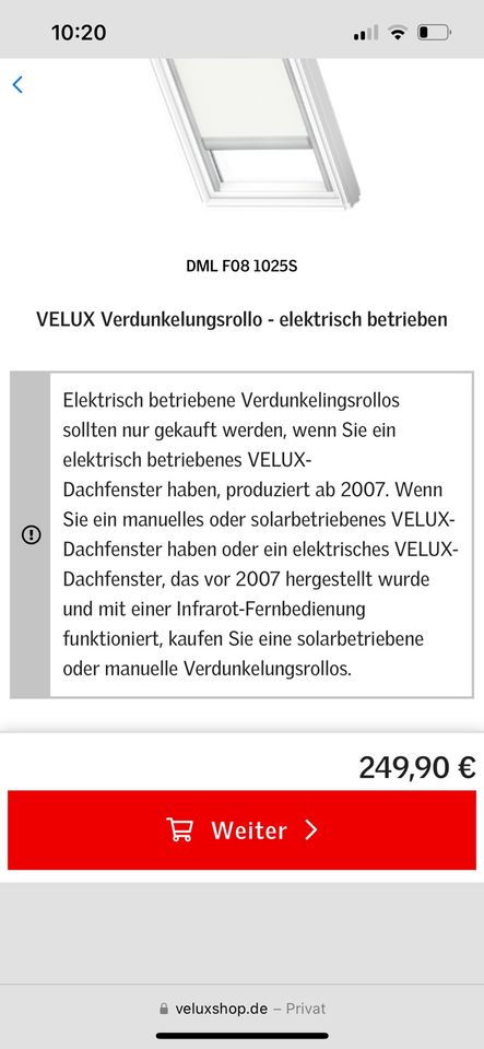 5Neuw. Velux Verdunklungsrollo weiß alu elektrisch DML F08 1025 E in Neufarn