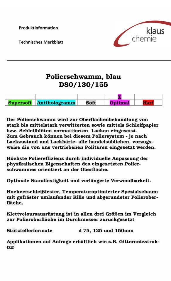 Verkaufe 44 Polierchwäme von Klaus Chemie mit Datenblatt.I in Jerichow