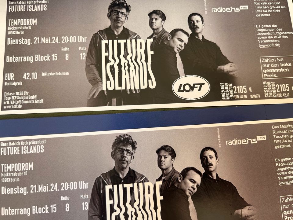 2 Tickets u Mitfahrt Future Islands Tempodrom Berlin Block 15 in Dresden