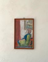 Pastell Kreide Zeichnung Bild 50er vintage Holzrahmen Frau Sessel Hessen - Bad Nauheim Vorschau