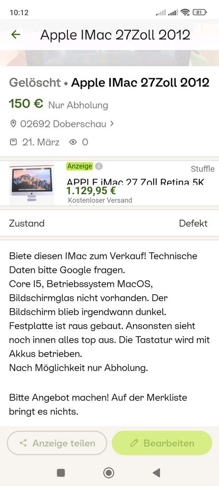 Apple iMac 2012 27Zoll in Doberschau