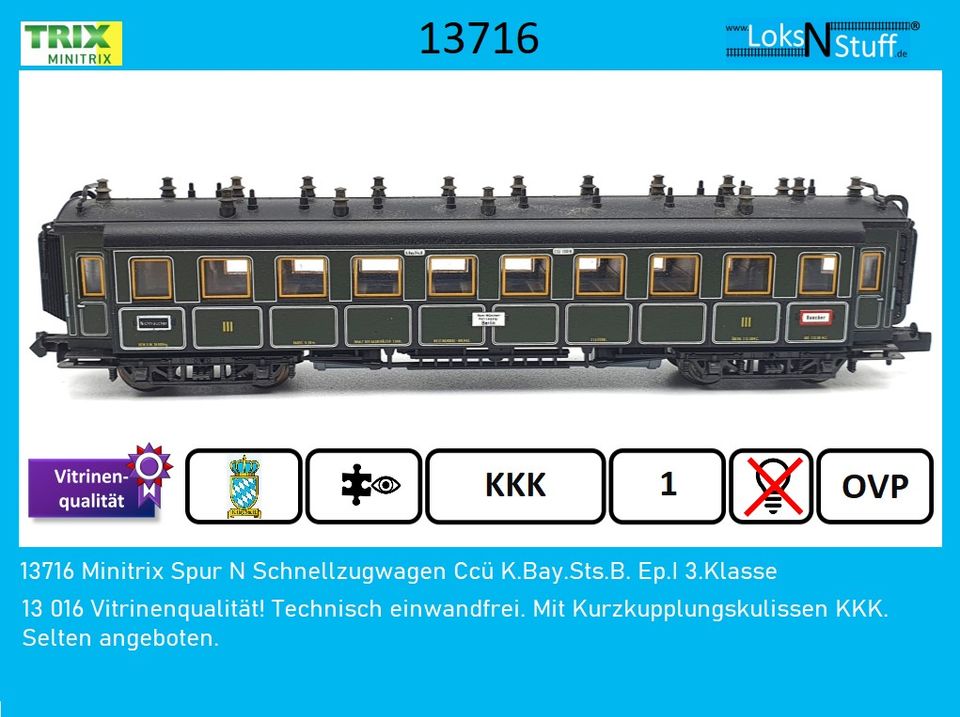 13716 Minitrix Spur N Schnellzugwagen Ccü K.Bay.Sts.B. Ep.I 3.Kl in Eschwege