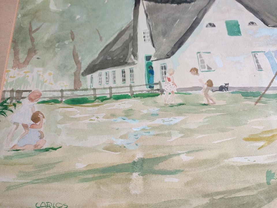 Carlos Reeckmann Aquarell 1957 Bauernhaus Kinder Rügen in Kiel