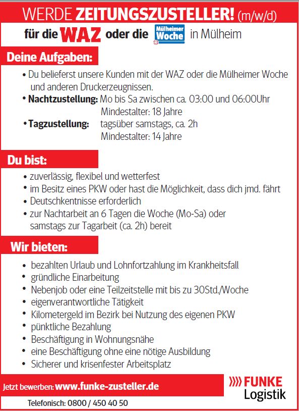 Zeitungszusteller (m/w/d) für die WAZ oder Mülheimer Woche in Mülheim (Ruhr)