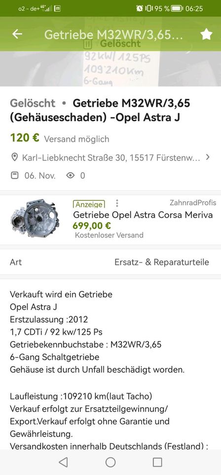 Opel Astra Getriebe mit Gehäuseschaden in Nürnberg (Mittelfr)