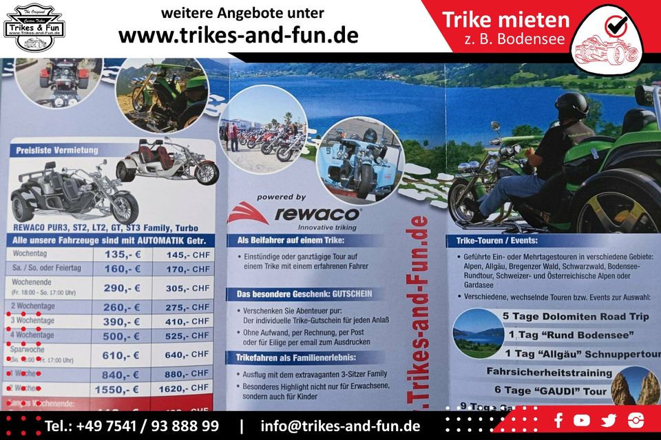 Trike mieten - Trike fahren am Bodensee - Schweiz - Österreich - Italien - siehe Preisliste- in Friedrichshafen