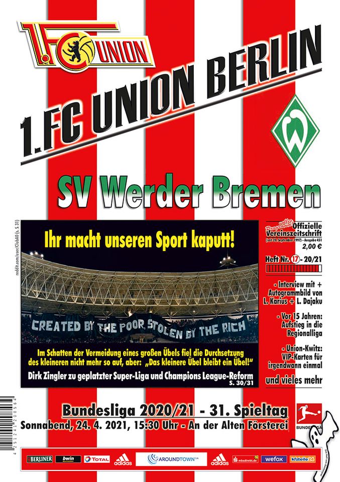 1. FC Union Stadionheft und Union-Informationen aus dem Jahr 2021 in Berlin