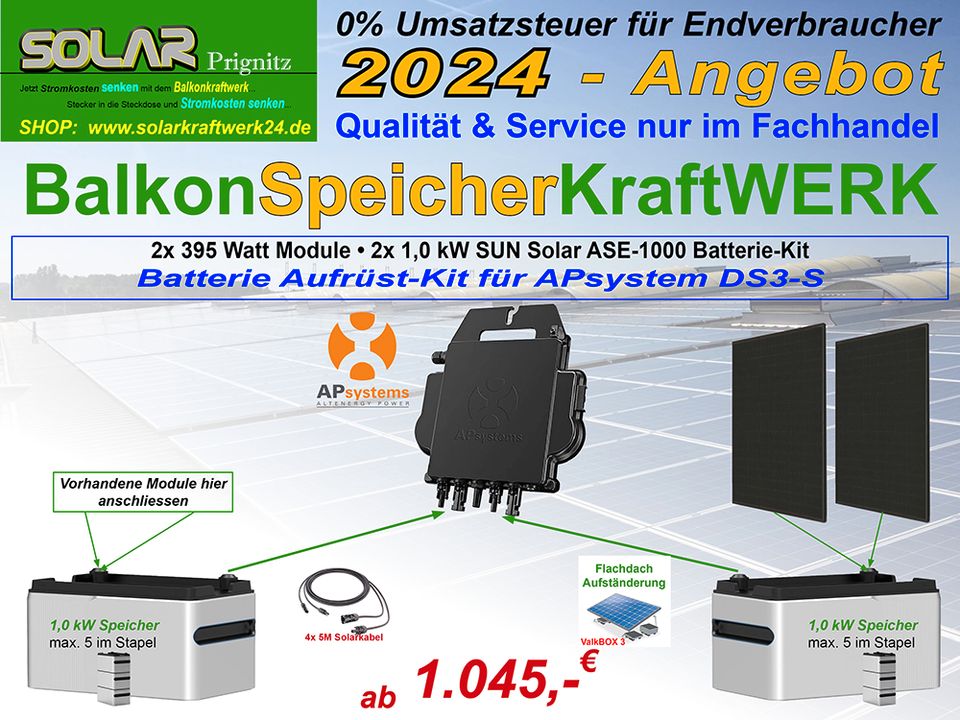 Batterie Aufrüst-Kit für Mikrowechselrichter APsystem DS3-S & 2x 395 W Module & 2x 1 kW Stromspeicher - plug & play - Komplettsystem in Dannenwalde (Gumtow)