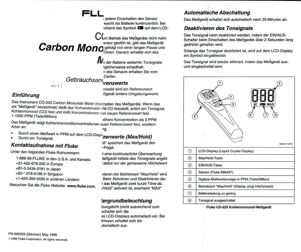 Kohlenmonoxid-Messgerät Fluke CO-220 + CO-205 Ansauger Kit in Neustadt a.d.Donau