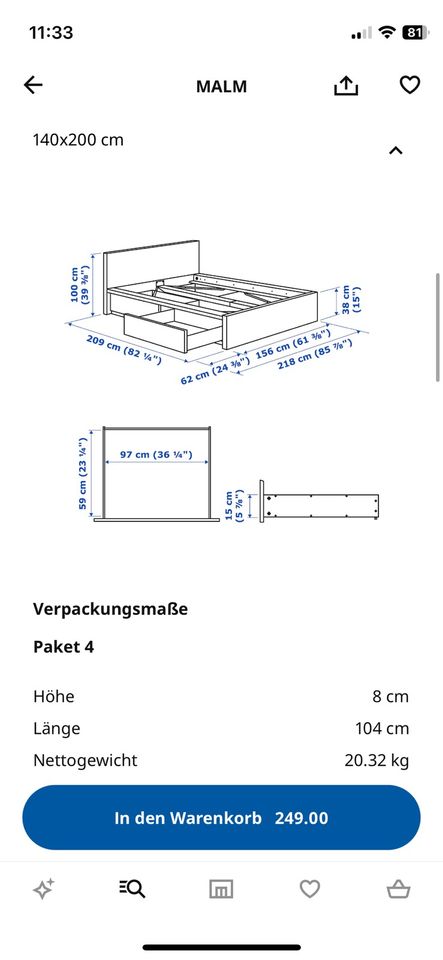 Ikea Malm Bett 140x200 mit 2 Schubladen + Lattenrost in München