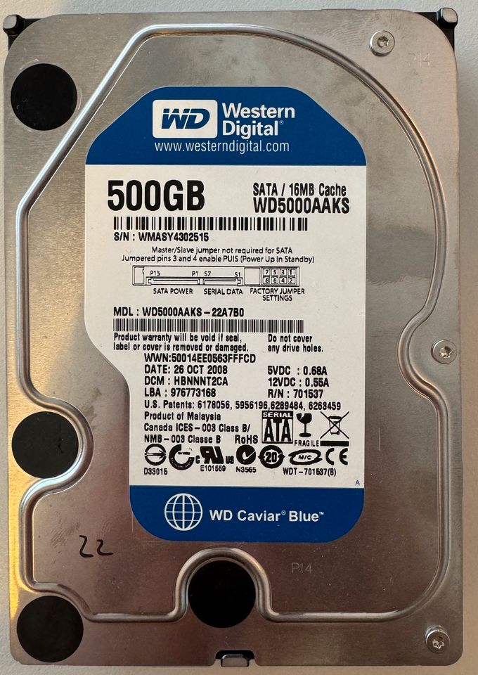 Verkaufe eine Western Digital WD5000AAKS 500GB 3,5Zoll Festplatte in Zülpich