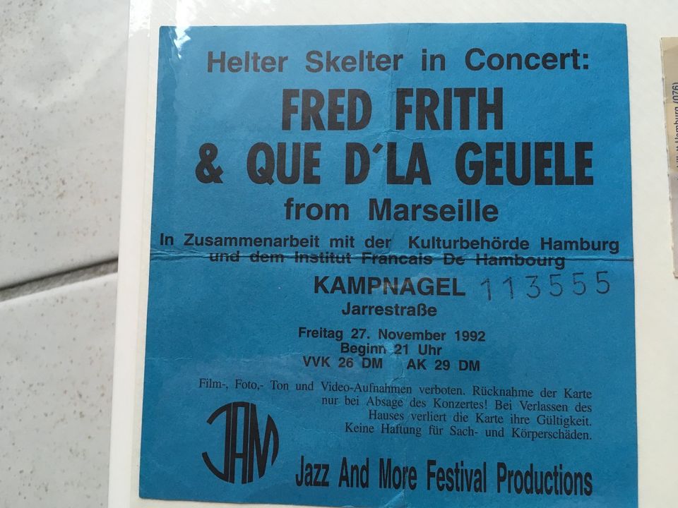 Fred Frith in der Kampnagel Fabrik, alte Konzertkarte in Hamburg