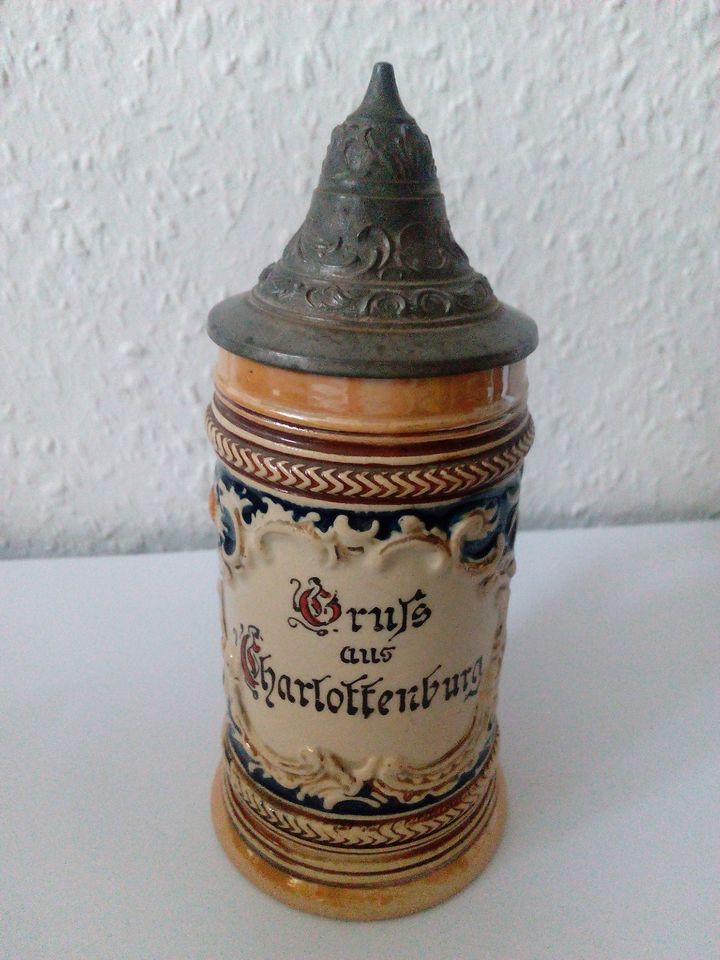 Keramik Bier- Krug, Zinn-Deckel,  um 1880 Charlottenburg, antik in Neubrandenburg