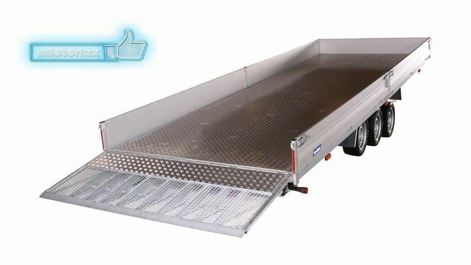 Miete PKW Anhänger Universaltransporter kippbar 3500 kg, Ladefläche 6,20 x 2,10 m Tridem – mit Bordwänden ab 30€/Tag Mieterlux.de in Heusenstamm