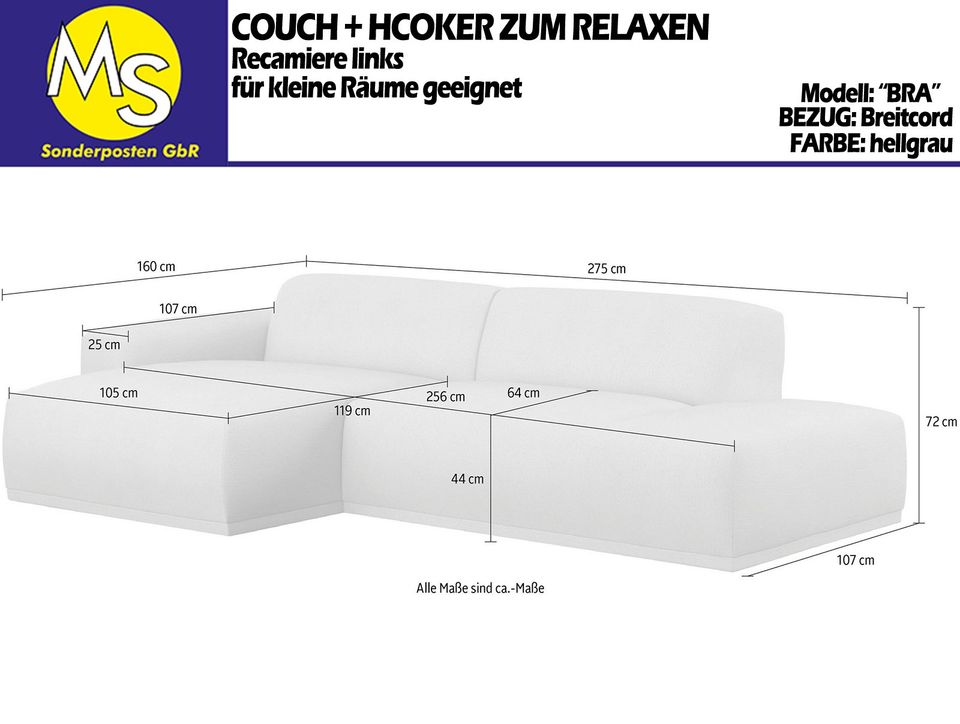 Sofa Couch Wohnlandschaft L-Form + Hocker Breitcord hellgrau in Mettingen