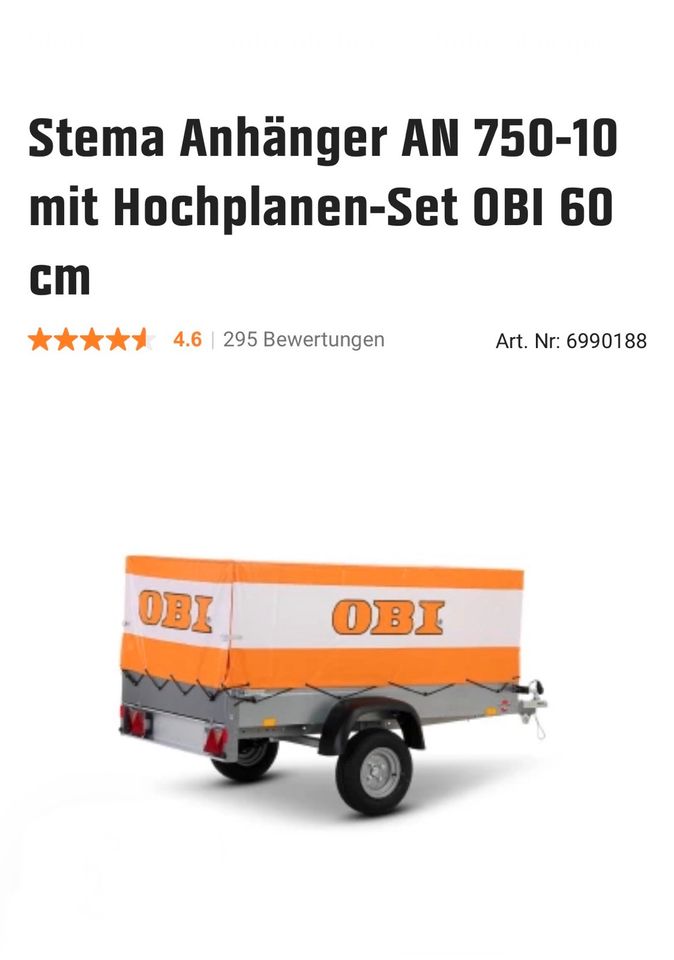 Stema PKW Anhänger AN 750-10 mit Hochplanen-Set, OBI Düren in Düren