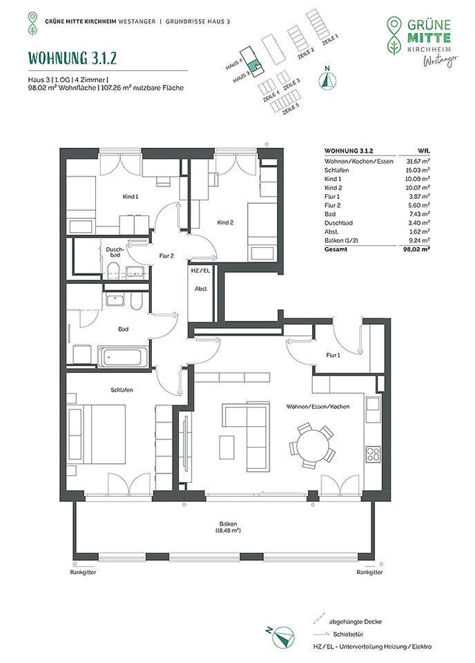 4-Zi.-Whg. mit 2 Bädern, offener Wohnküche und Süd-Westbalkon in Kirchheim bei München