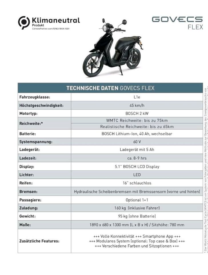 Govecs Flex 2.0, E-Roller, 45 km/h, 65 km Reichweite, NEU! in Teltow