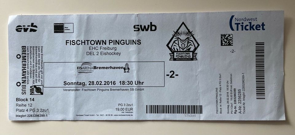 Eintrittskarte Fishtown Pinguis - EHC Freiburg 2016 in Stuhr