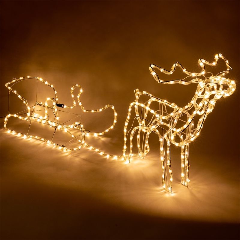 VOSS.garden LED Rentier mit Schlitten Weihnachtsfigur 120cm, Outdoor Weihnachtsbeleuchtung in Viöl