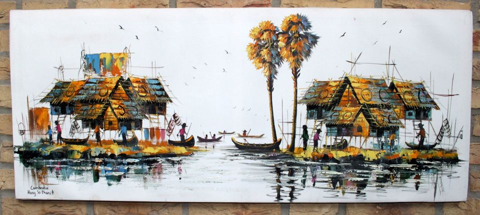 Siem Reap Dorf KAMBODSCHA PAINTING OEL auf LEINWAND ca. 100 x 50 in Wassenach