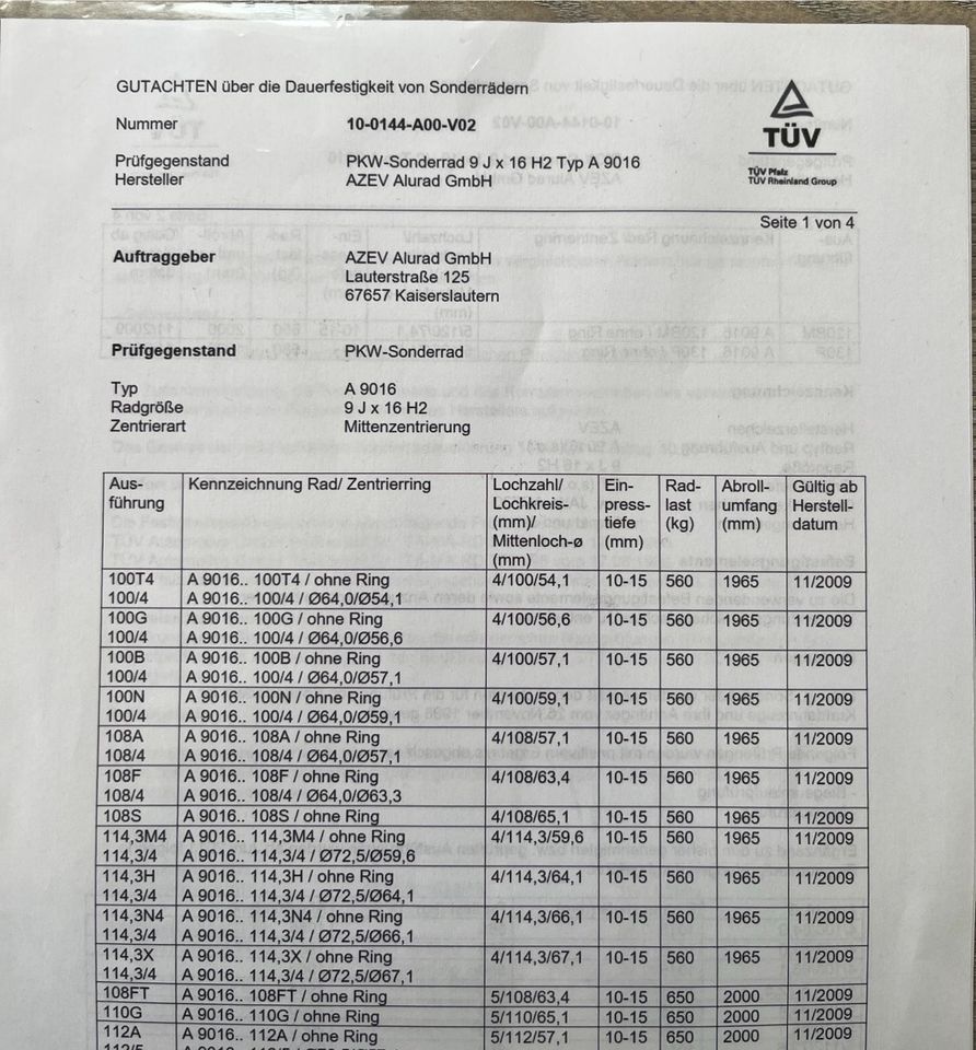 Azev A Gutachten Dauerfestigkeit Sonderräder 9x16 in Untergruppenbach