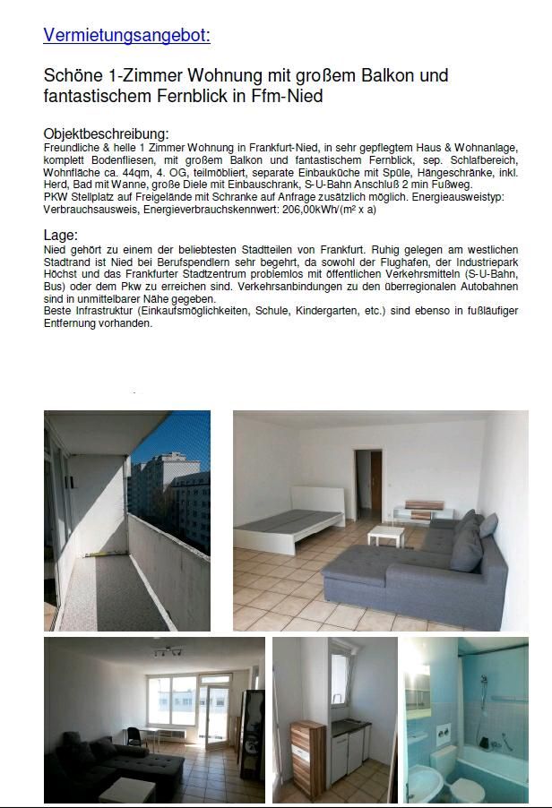 1 Zimmer Wohnung in Ffm Nied / Kapitalanlage in Frankfurt am Main