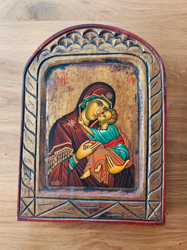 Ikone Madonna und Kind, gemalt mit Eitempera und Gold, Zertifikat in Werne