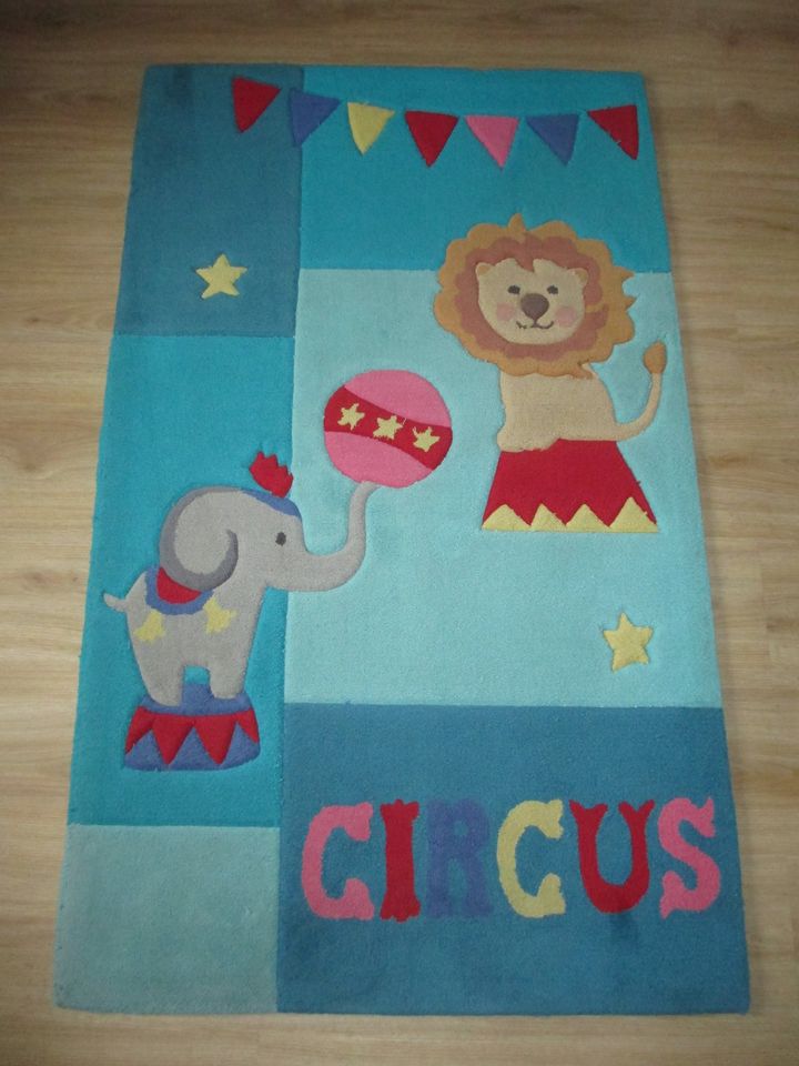 Teppich Kinderzimmer Zirkus Löwe Elefant 90 x 150 cm blau türkis in Eschwege