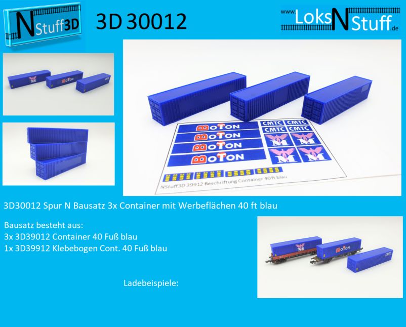 3D30017 Spur N Bausatz 3x Container Werbeflächen 40ft hellblau in Eschwege