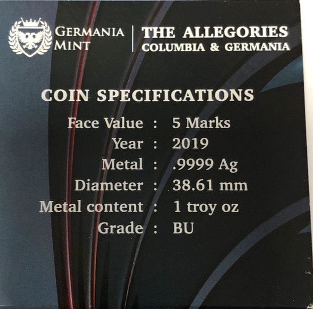 Germania Mint 5 Mark 2019  "Columbia & Germania"- 1 Uz Silber Silbermünze "THE ALLEGORIES" rar OVP NEU Massiv Goldschmuck Viele weitere Angebote mit Finanzierung Ratenzahlung im Shop sensburg-aurum in Berlin