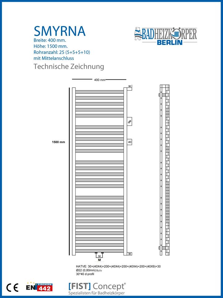 Badheizkörper SMYRNA Schwarz Matt Breite: 400 mm. Höhe: 1500 mm. in Berlin