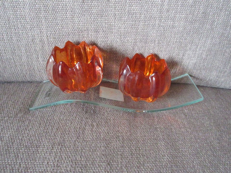 Kerzenständer – Glas Art – Handarbeit – Orange – Vintage in Weiskirchen