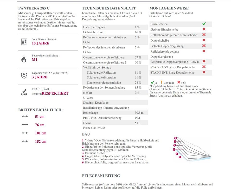 Sonnenschutzfolie Solar Screen Panthera 285C Rolle 30m in Baden