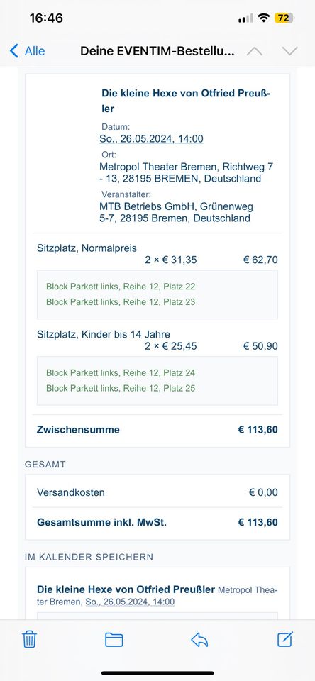Die kleine Hexe 4 x Tickets BREMEN 26.05.24 in Bremen