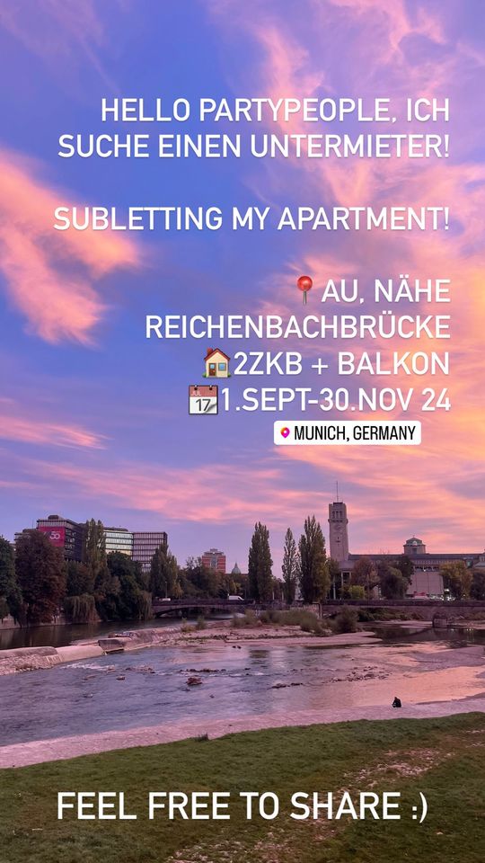 UNTERMIETE: 2ZKB Wohnung in der Au 1.09-30.11 in München