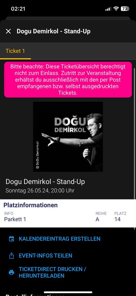 Düsseldorf Dogu Demirkol Stand-up Ticket 1 Person in Bornheim