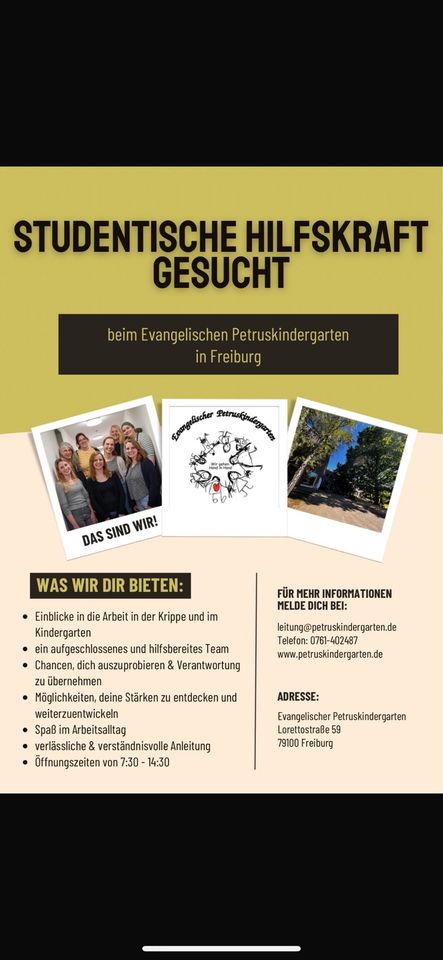 Studentische Hilfskraft/Aushilfe für Krippe & Kiga gesucht in Freiburg im Breisgau